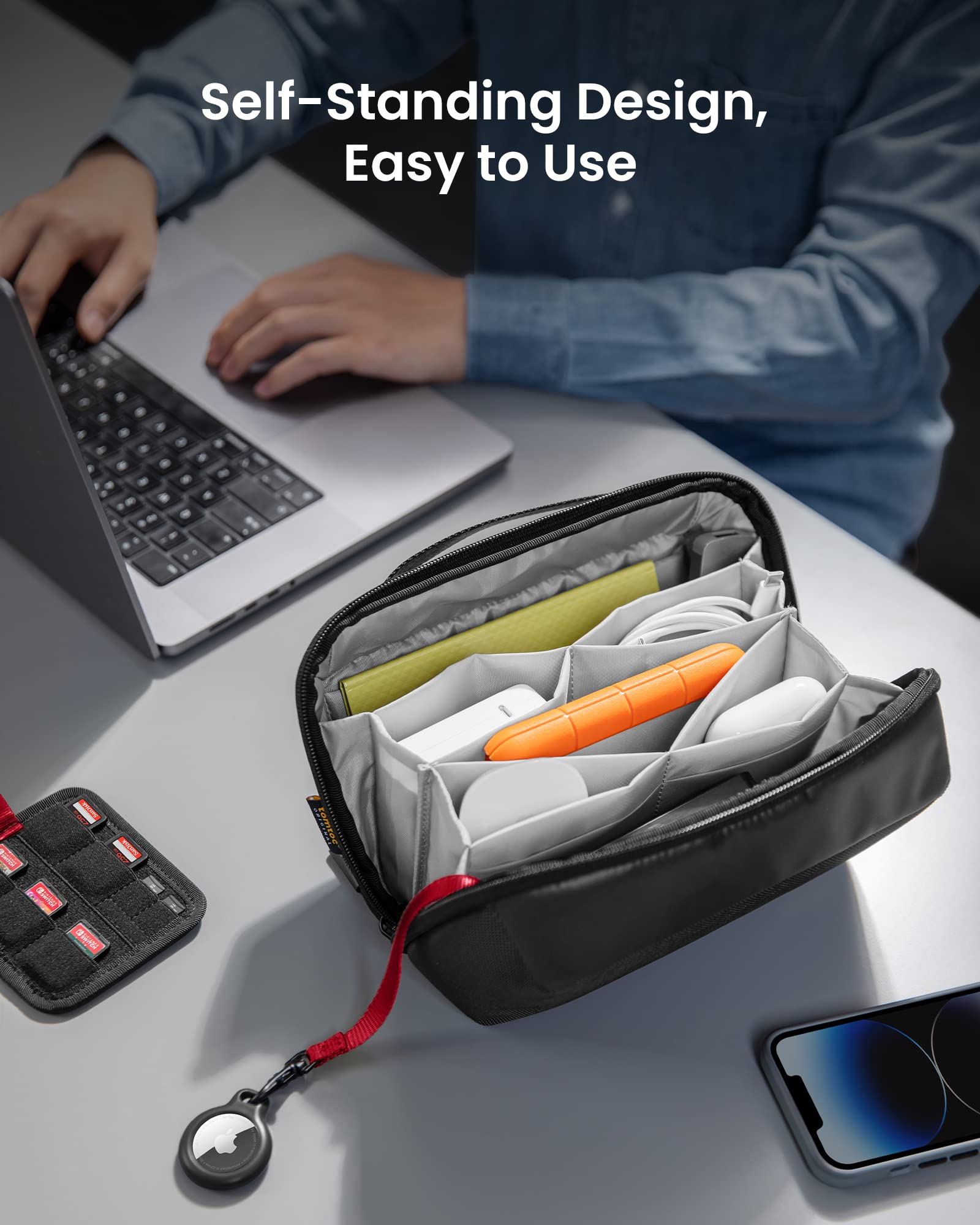 tomtoc Electronic Organizer Accessory Pouch for MacBook Charger, Cables, Power Bank, Hard Drive, Cords, Water-resistant Storage Bag with Removable Card Slots for USB Adapter, Memory Card, Black - Image 4