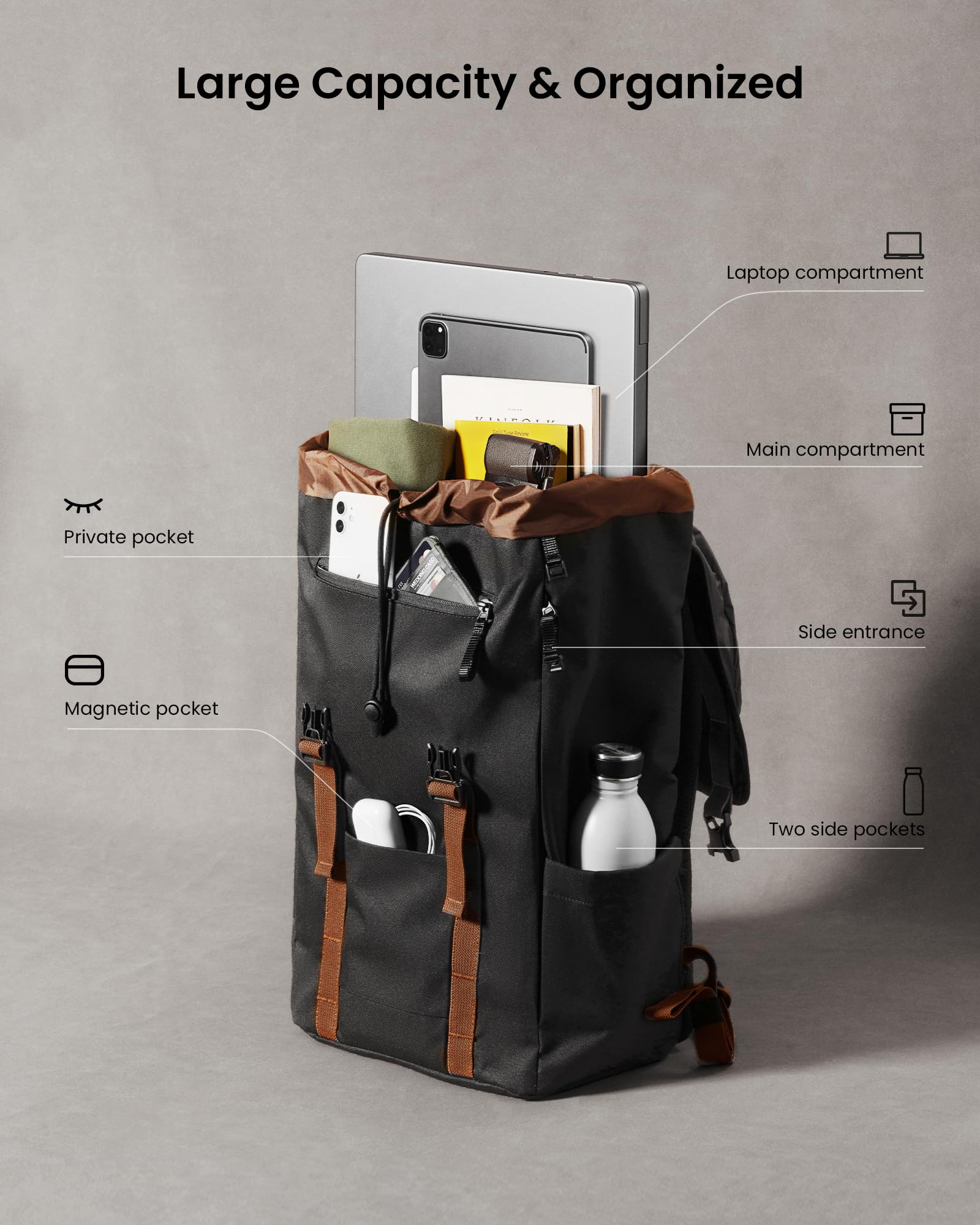 tomtoc Flap Laptop Backpack, Lightweight, Water-Resistant Casual Daypack, Durable Work-pack, Vintage Classic Rucksack for 13-15.6 Inch Laptop, perfect for Campus, Street, 22L Black - Image 3