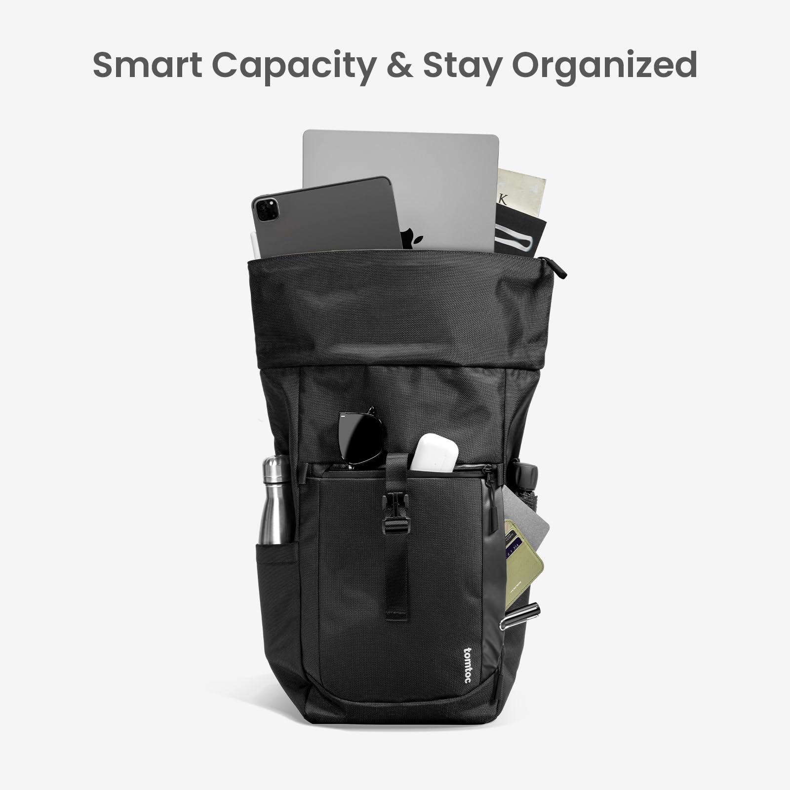 tomtoc Rolltop Laptop Backpack, Water-Resistant Travel Backpack Commute Expandable Casual Daypack for 13-17.3 inch Laptop, Rucksack for Work College Trip, Capacity Adjustable 25-30L, Black - Image 3